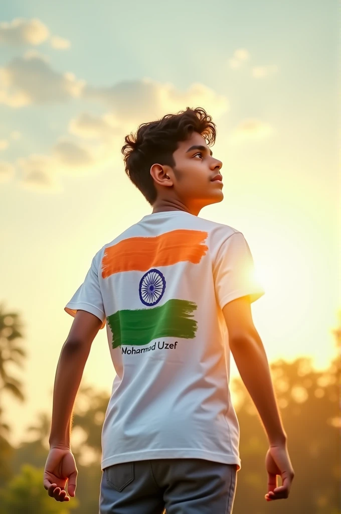 Create a image for independent day ,
A smart handsome boy look sun and flag white t shirt back side full Indian flag print name mohammad uzef 