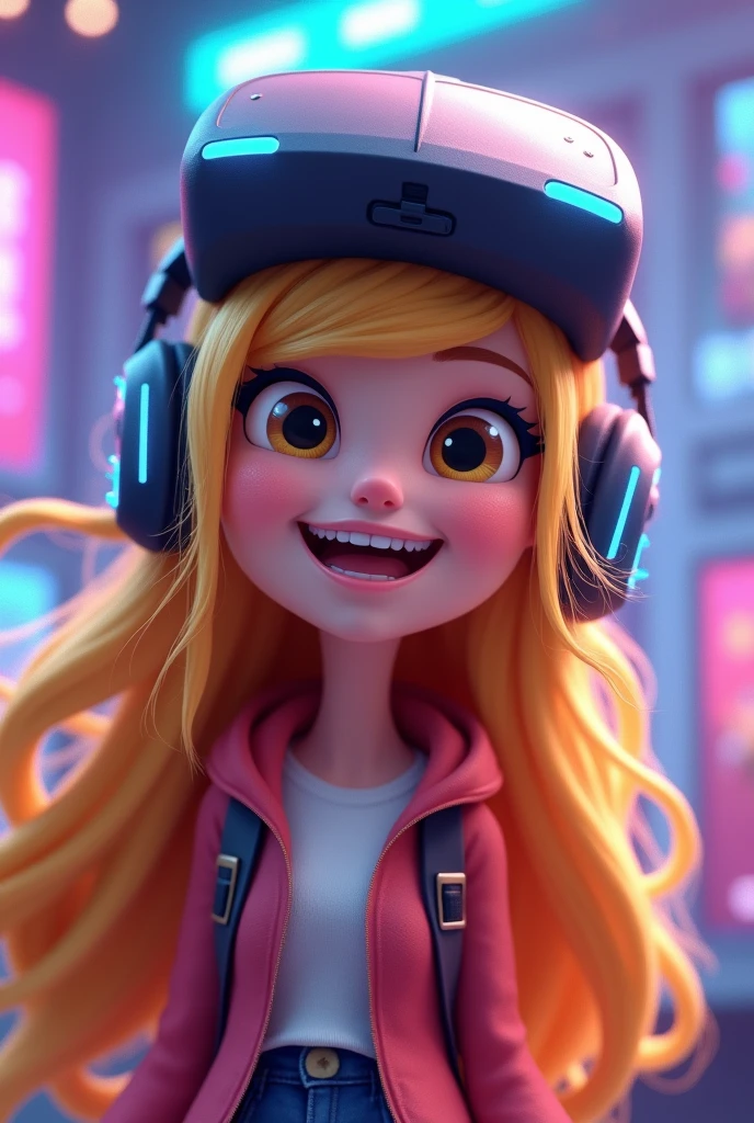Personnage animé aux cheveux blond et longs avec un casque gaming qui fait un clin d oeil
