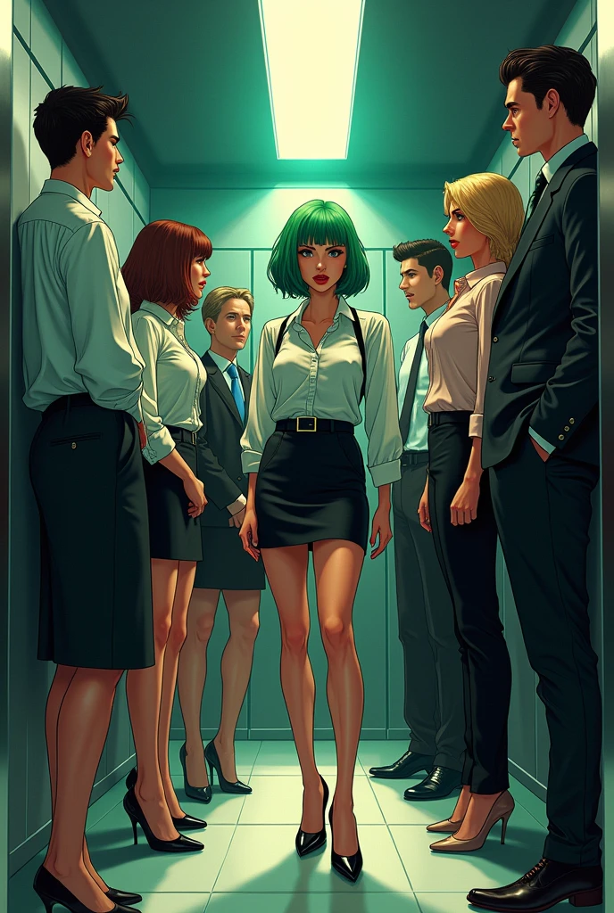Third person view, Vin in the elevator, [Vin] a beautiful-looking girl, human, female, 25, short green hair, slim and hot figure, wearing a sexy office suite, micro skirt and high heeled pumps. Co-workers are giving glances. Show co-workers. American comic book.