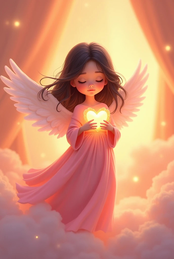 Pixar-style drawing of an angel with pink robes, dark hair and fair skin holding a heart