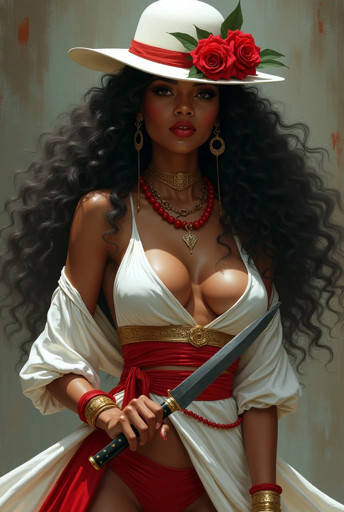 Flirty, black female, long black curly hair, with a knife in hand , you wear a white hat with roses and a dagger, Your clothes are white and red , a long strand of beads around her neck with red beads, white and gold 