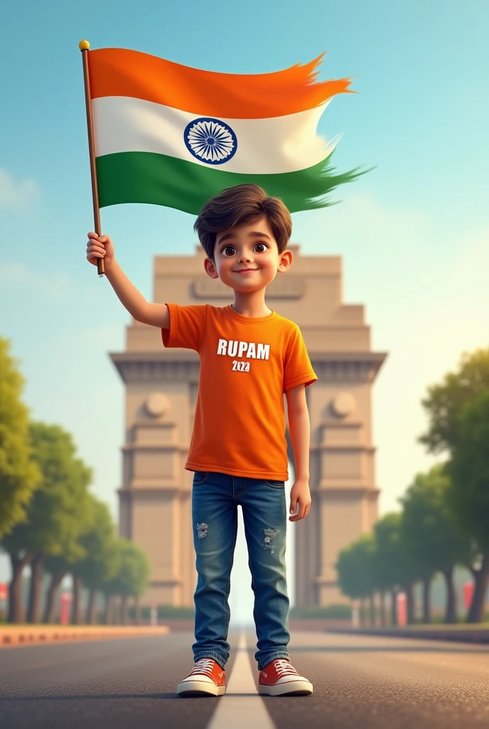 A real 15years old boy, Wearing Orange T shirt blue jeans sneakers and the name "RUPAM" is written on his t-shirt and the boy is standing on the road with holding a national flag of India, and behind him is the India gate Delhi. And "Happy Independence Day 2024" written at above sky Create Realistic image high quality