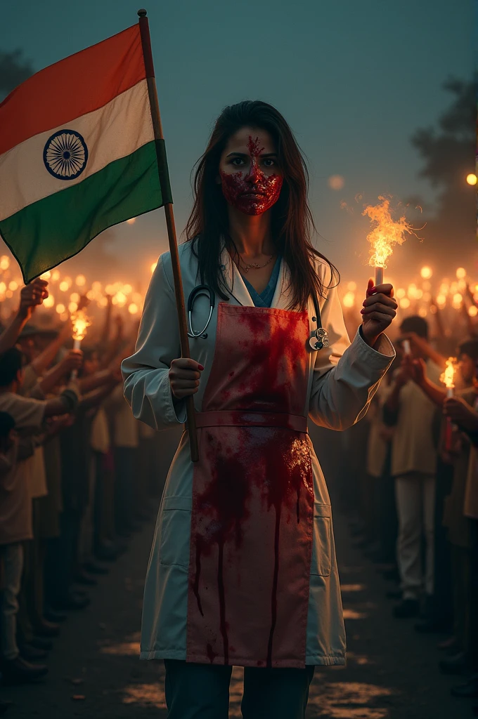 Its night time
A Female Doctor is standing in the midst of a crowd. The crowd is holding candles in their hand.
The doctor is wearing an apron which is blood stained, and her face is completly distorted with injuries. She is holding an indian flag in her hand which is also blood stained
There are lots of crowd in the background of the image

