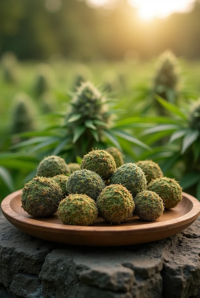 

Imagine un **plateau magnifiquement arrangé**, traditionnellement utilisé pour présenter des fruits, mais dans ce cas, il est rempli de **différentes variétés de cannabis**. Chaque "fruit" est en réalité une tête de cannabis, soigneusement sélectionnée pour représenter la diversité des souches. Sur le plateau, les couleurs et les textures varient : des têtes d'un vert vif et éclatant, des bourgeons aux teintes pourpres profondes, et d'autres avec des nuances dorées, couvertes de trichomes scintillants comme du sucre.

Le plateau est fait d’un matériau naturel, peut-être en bois foncé ou en pierre polie, ce qui ajoute une touche organique et rustique à l’ensemble. Il est posé sur un **rocher rugueux**, légèrement incliné, et recouvert de mousse, donnant l’impression que le plateau fait partie intégrante du paysage naturel. Le rocher lui-même est solidement ancré au milieu d’un **champ de cannabis** qui s’étend à perte de vue en arrière-plan. Le champ est dense et luxurieux, chaque plante de cannabis étant en pleine floraison, avec des feuilles et des têtes qui captent la lumière du soleil, créant un océan de vert qui semble s’étirer jusqu’à l’horizon.

À côté du plateau, il y a une **bouteille de gaz** robuste, qui contraste avec le naturel du plateau et du champ. La bouteille est en métal, avec une surface légèrement usée, comme si elle avait été exposée aux éléments. Sur la bouteille se trouve un **logo de cannabis de feuille de cannabis** en vert, lumineux mais simple, avec en dessous, la marque **"Butagaz"** inscrite dans la même teinte de vert. Le logo et le texte sont soigneusement alignés, ajoutant une touche moderne à cet objet fonctionnel.

L’ensemble de la scène est baigné dans une lumière naturelle douce, peut-être au coucher du soleil, avec des ombres longues qui accentuent les détails des têtes de cannabis et du champ en arrière-plan. Cette composition crée une harmonie entre le monde naturel et les objets humains, en célébrant la diversité et la beaut