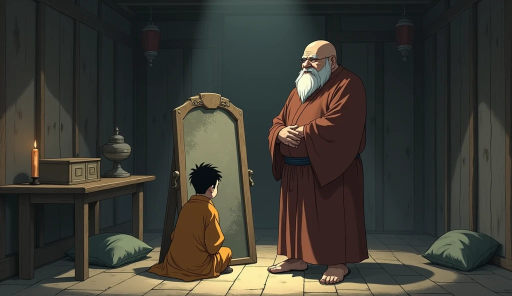 Young monk student looking at dirty mirror, old fat monk master with him, in a room, in anime style 
