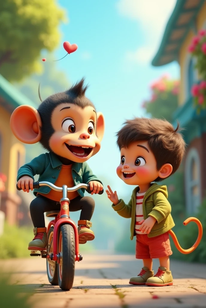 a kid 6 years old talking to a funny monkey riding a bike