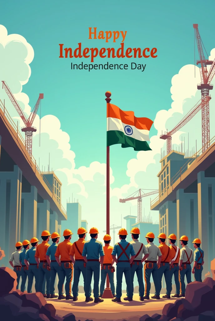 Construction labourers celebrating flag hosting ceremony vertical on the event of indian Independence Day 15 August illustrations face is not clear 

Happy independence written  