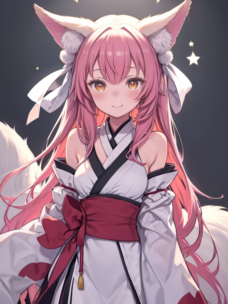 Highest quality, masterpiece, High resolution, alone, {white kimono:1.35}, {Red too:1.35}, {Wide sleeves:1.20}, {Tamamo_no_There is_fgo:1.15}, animal_ears, Fox_ears, pink_hair, yellow_eye, length_hair, chest, big_chest, animal_ear_Fluff, Fox_tail, tail, chestの谷between, blush, Fox_, smile, bow, clavicle, hair_between_eye, 前hair, hair_bow, hair_ribbon
