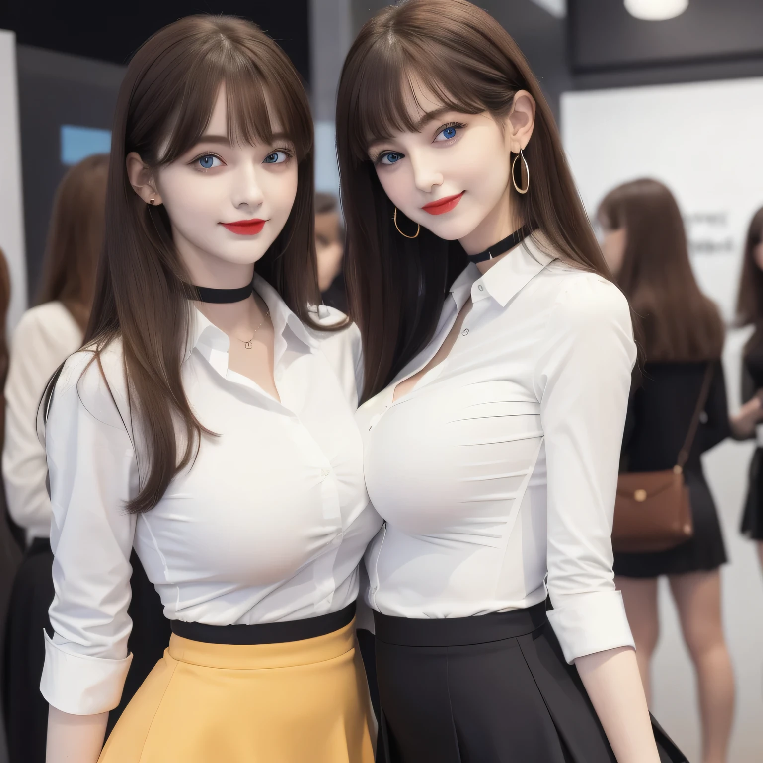 100 Girls,Crowded, Long Hair, Brown Hair, No sleeve, sexy, A line of girls, Girls waiting in line, Girls only, Sisters, ((Tight ivory white shirt、mini skirt)),Full body photo:1.9, Adorable, smile, Slim face, the body is slim, Short Brown Hair, 32K, masterpiece, Best image quality,Ultra-high resolution,Perfect hands,Black choker、blue eyes、bangs、Very lush and long eyelashes, lots of、((Big Breasts)), Dependents, Big Breasts, Red lipstick