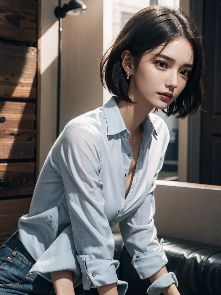 absurdres, RAW photo, extremely delicate and beautiful, masterpiece, Best Quality, ultra high resolution, 32k, hyper realistic, ultra-detailed, Very detailed CG 8k wallpaper, detailed background, landscape, Beautiful Lighting, Perfect Lightning, Realistic Shadows, perfect anatomy, anatomically correct, ideal ratio body proportions, perfect figure, Perfect Style, Perfect balance, super Detailed skin, in her 30s, very Slim body, narrow waist, very small head, very small face, delicate facial features, handsome detailed woman, very detailed eyes and face, realistic face proportions, Realistic beautiful face, Realistic beautiful eyes, tearful mole, earring, very huge round tits, medium short hair, asymmetrical hair, wavy hair, collared shirt, full leg shot, clavicle,