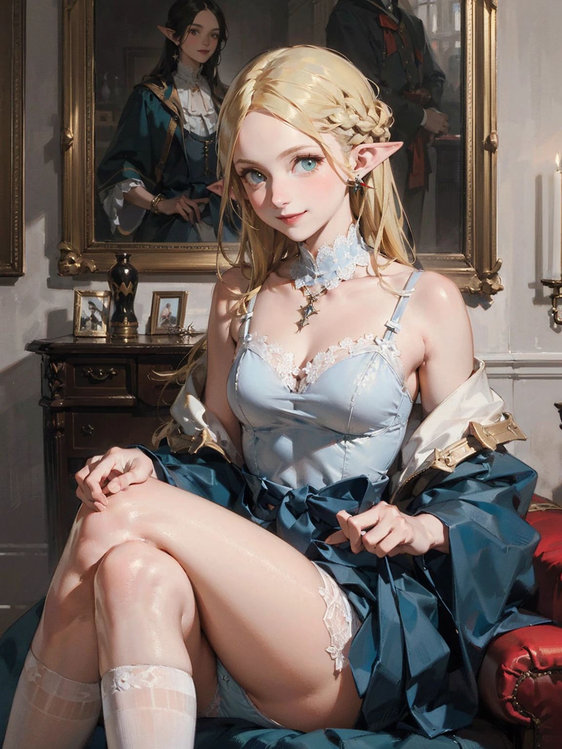 Gothic fashion woman，(masterpiece, Highest quality) detailed,Silver Accessories , blonde ,Pointy Ears ，((Lace Underwear))，Double Tail，Waist-length hair，smile，White lace socks，Rococo、Gorgeous dress
