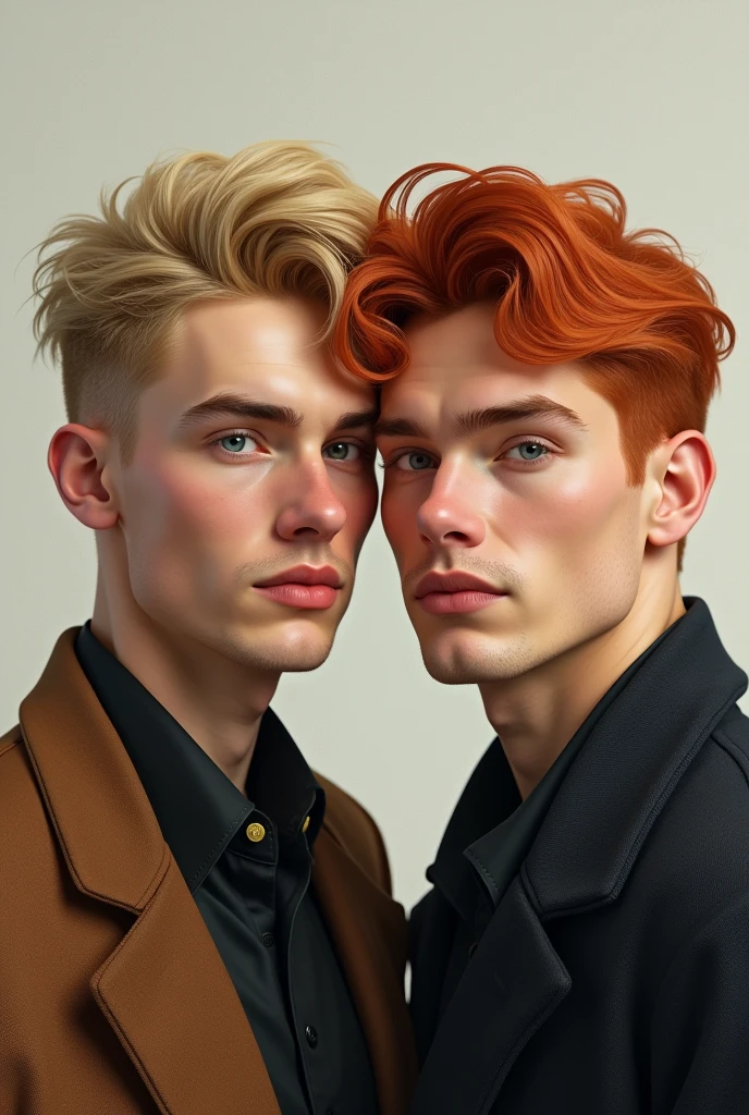 I want to create an image of two men, one being blonde while the other being a ginger, with homogeneous features, but not too strong or too soft, I want them to have unique features. I want the image to be realistic but not too much realistic