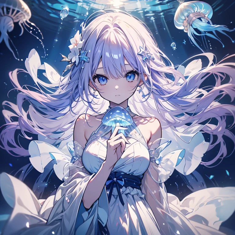 1 person、Mature、Ample breasts、Long Hair、Blue Eyes、Light purple hair、Alluring、White Dress、Shoulder Bare、See-through sleeves、Light、Seashell Accessories、Jellyfish、Jellyfishと泳ぐ、In the sea、Fish shadow、Sunlight shines in、Natural light、Gentle light、Fantasy、たくさんのJellyfish、High resolution、Highest quality、