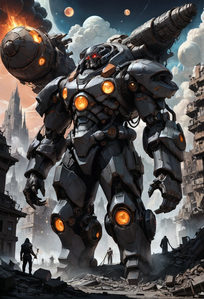 Giant Weapon, The sinister looking giant weapon fires and destroys the whole city; spectacular nontrivial intricate complex thoughtful spooky scary menacing doomy heroic sci-fi cosmic concept art by Marat Zakirov, Gordei Krasnov, Carsten Stueben, Juan Camilo Vallejo, John Picacio, James Suret & Niyas CK, masterpiece, best quality, very aesthetic, absurdres