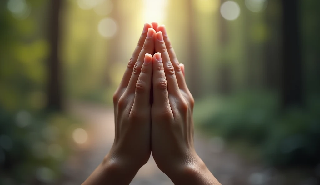 Hands clasped in prayer with a blurred background.