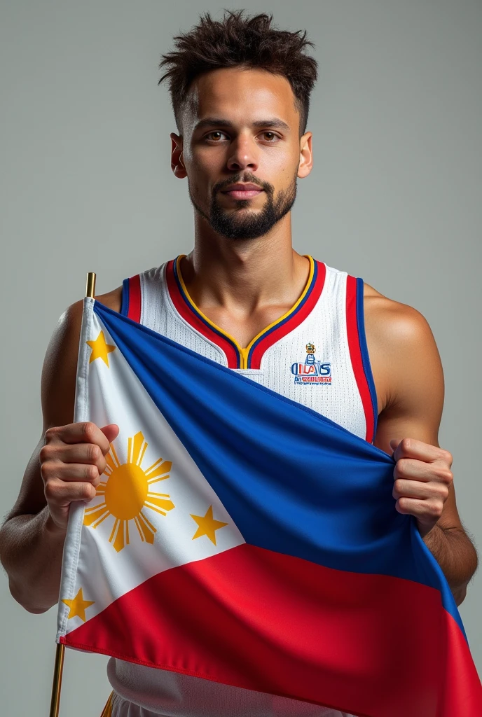 "Create an ultrarealistic image of Stephen Curry with a Jersey of the Gilas Pilipinas and holding the flag of the Philippines"