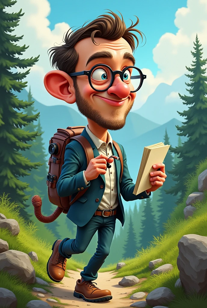 Un journaliste se promene en chartreuse en France. Faire une caricature humoristique du journaliste