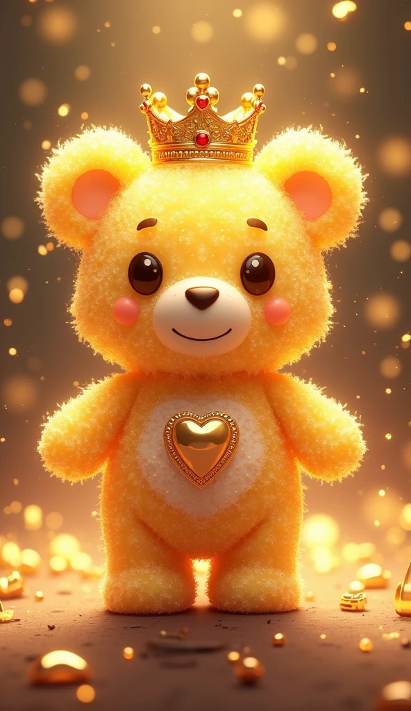 A close-up of a golden cartoon bear keychain，There is a heart in the chest, Lovely and detailed digital art, Popular on artstation pixiv, Beautiful and lovely lighting, Detailed fan art, Beautiful animal pearl queen, Cute digital art, Digital Art on Pixiv, Lovely detailed artwork, [ Tarot ]!!!!!, Dreamy and detailed, official art works, Profile picture 1024px，crystal，He has a crown on his head.