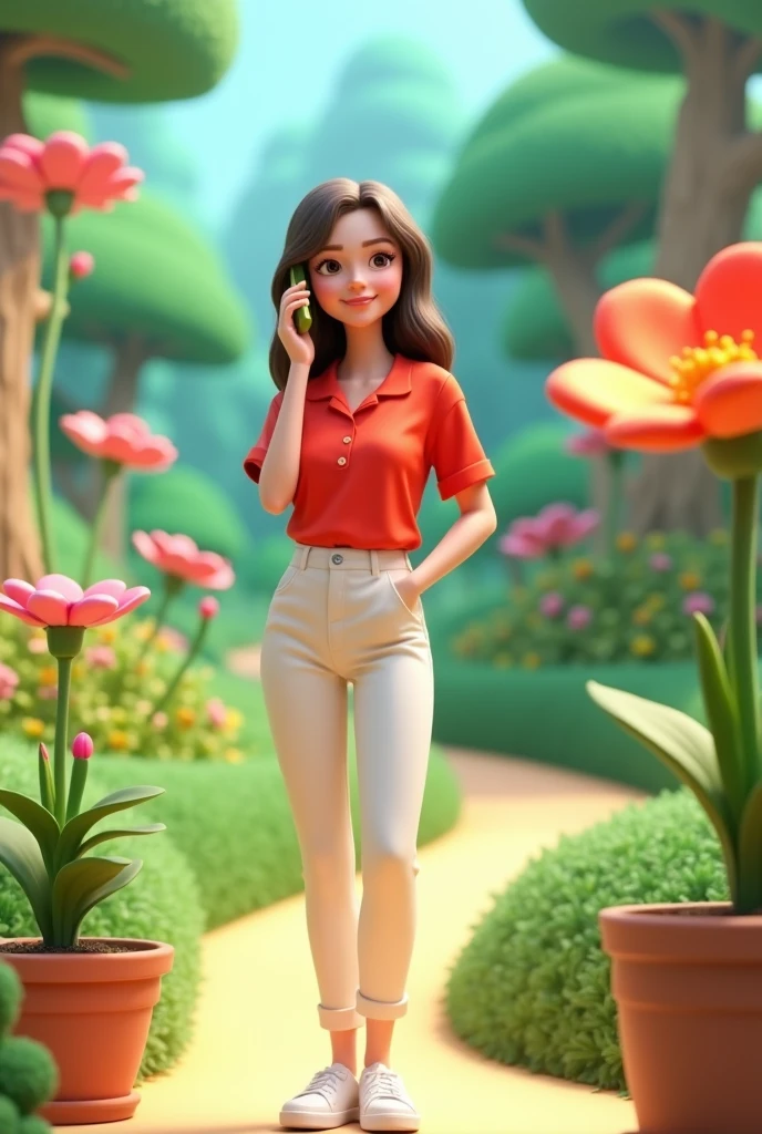 Create a 3D image in which a 20 years old cute girl is standing in a garden and his background should be a cartoon type background and the boy is talking on the phone. she should have his phone on his ear. looking in camera, wearing red shirt, white pant with white shoes, girl should be center of background