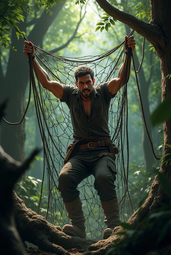 man being caught in a net trap