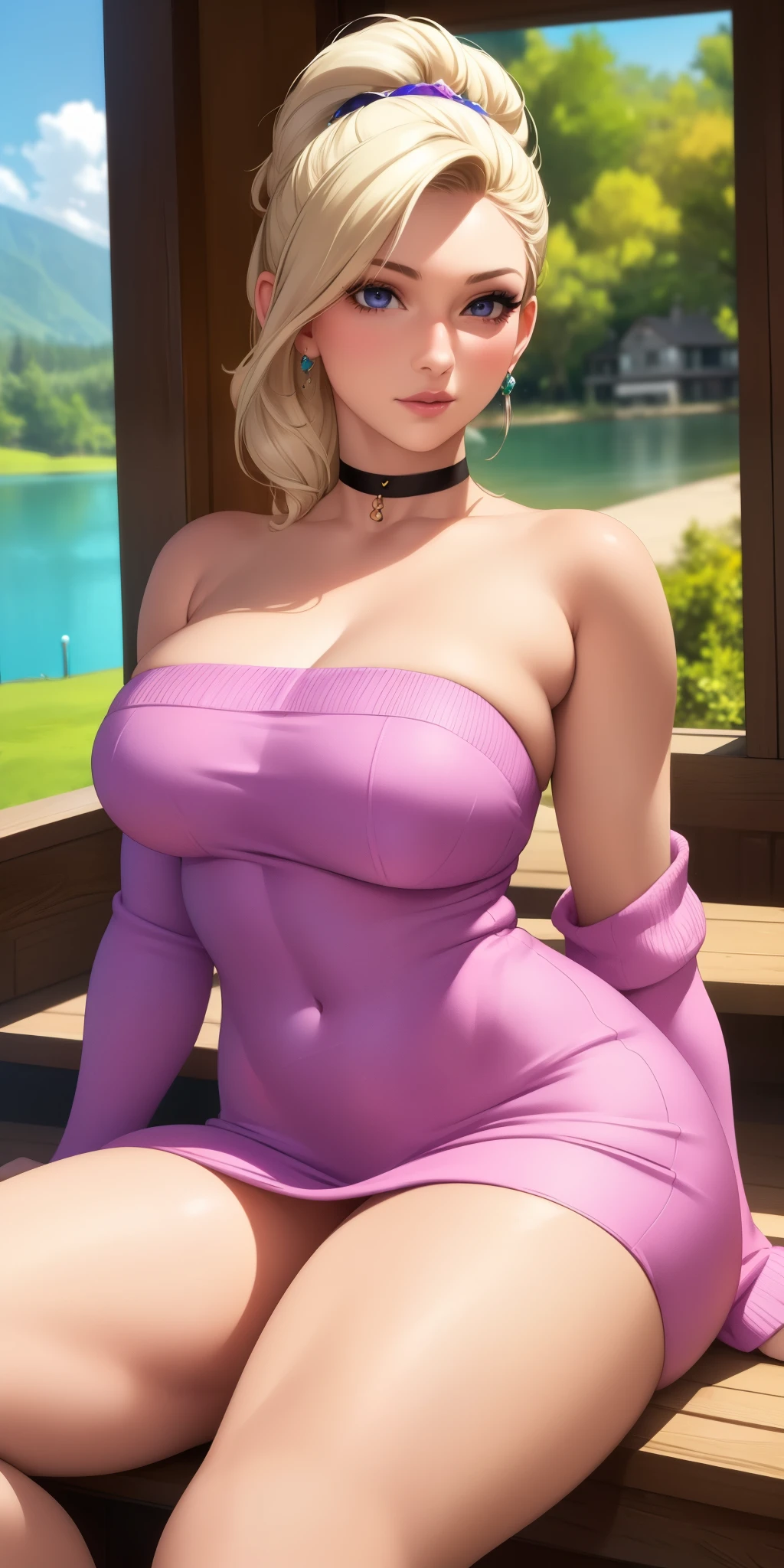 (best quality, ultra-detailed, photorealistic: 1.39), bright and vibrant colors, studio lighting, romantic expression, An effeminate girl, with a delicate and beautiful face. has a thin body, but well designed, your skin is white and very pale. her hair is purpl, esparkling purple color, likes to wear makeup, ((Wear a black choker)), outfit emocore, fuzzy, sexy, fuzzy strapless sweater, short sweater dress, beautiful lake and trees, it is near a lake house, hand on thigh