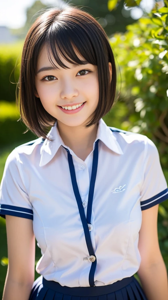 Pure young Japanese school girl, sexual attractive, wearing summer uniforms, no makeup, natural black short hairstyles, sweet smile, soft summer sunlight, feeling soft breeze in hair, professional pin-up portrait photography