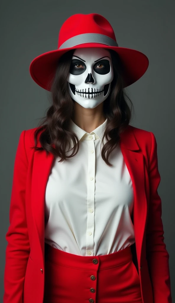 Young woman, The face has a white skull mask., on the head is a red hat with a gray stripe, red coat, White shirt, Red pants, , big hips
