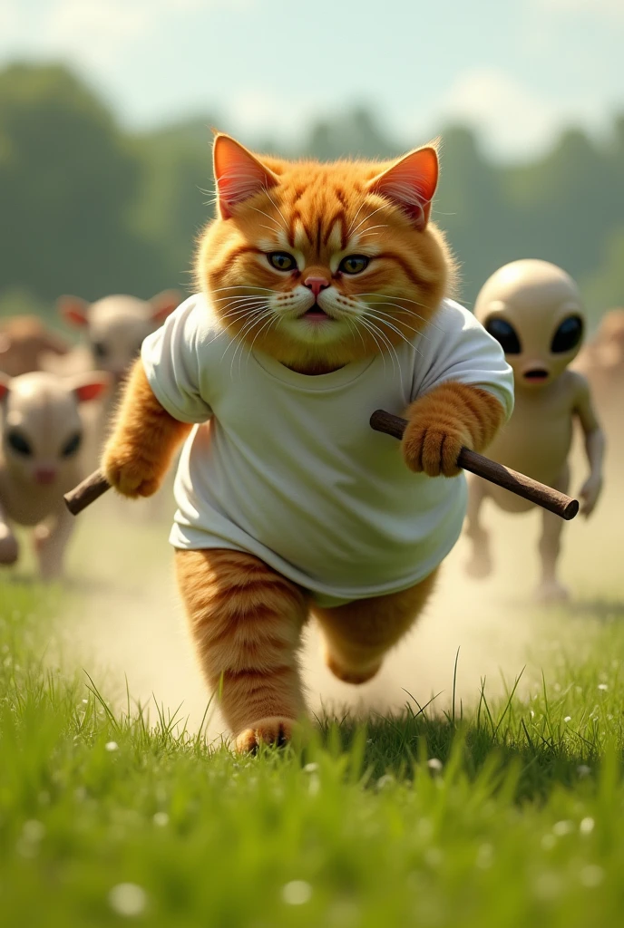 The big realistic orange chubby cat wearing white t-shirt is now seen running at full speed, holding a large stick seen is visible in one hand. The alien is scared, looking panicked, is also running fast, trying to escape. Both are seen in motion across the green field and background dust is in air visible, with the cows in the background starting to calm down as the chaos subsides. Pictures look like original and not blurred and not write anything and 4k results.