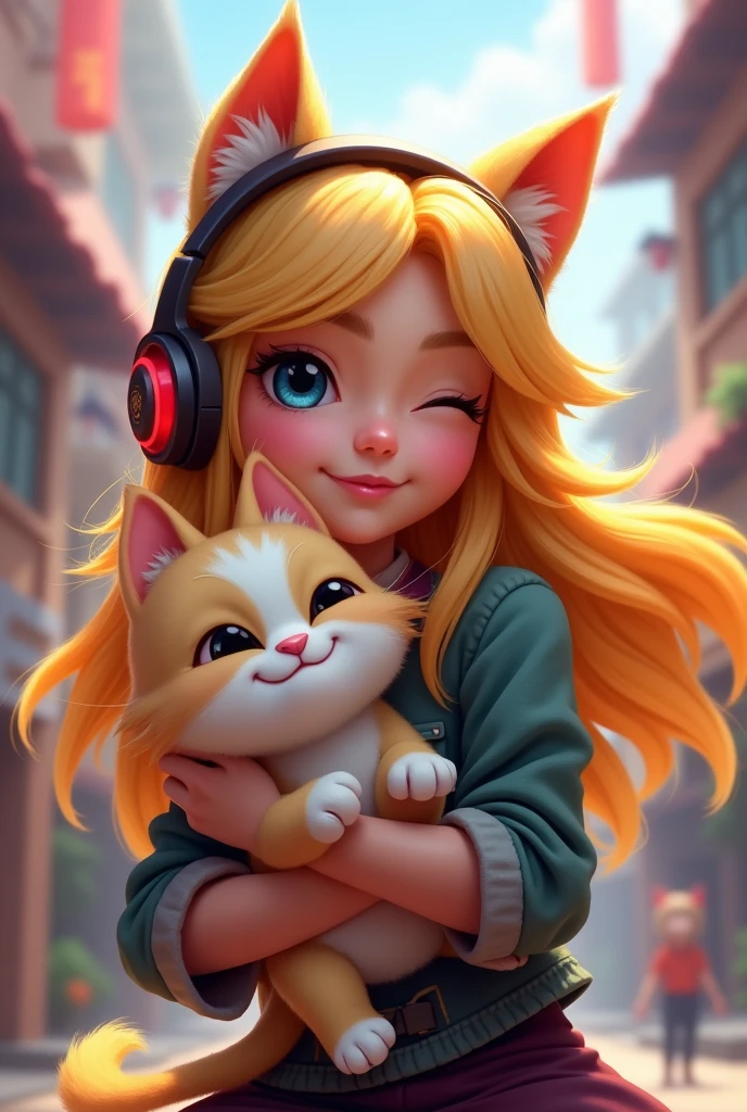 Personnage animé aux cheveux blond et longs avec un casque gaming qui fait un clin d œil qui porte dans ses bras yuumi du jeu vidéo League of legends