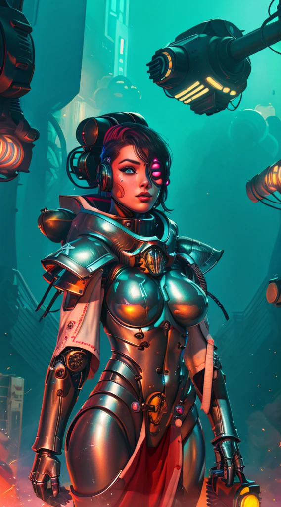 A robot girl adepta sororitas with a futuristic appearance and advanced technology, (ultra-detailed,realistic:1.37), [prostituta], beautiful detailed eyes, beautiful detailed lips, long eyelashes, eyepatch , vibrant synthetic skin, sleek metallic body, glowing LED lights, impeccable makeup and hairstyle. She stands in a bustling city street, surrounded by holographic advertisements and neon lights. The cityscape is filled with towering skyscrapers and futuristic vehicles. The air is filled with a mix of artificial scents and the bustling sounds of people and machines. The robot adepta sororitas confidently walks with a graceful and alluring demeanor, drawing the attention of onlookers. The color palette is a combination of vibrant neon colors and cool metallic tones. The lighting is a mix of the bright city lights and the soft glow of the robot girl's LED lights on her body, creating an enchanting atmosphere. The image is of the highest quality, with ultra-detailed rendering and a photorealistic appearance.
