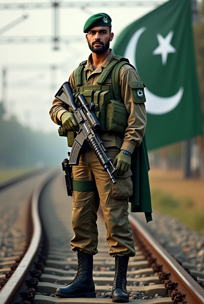 One man in Pakistani army clothes and with gun and Pakistani flag on Ralway