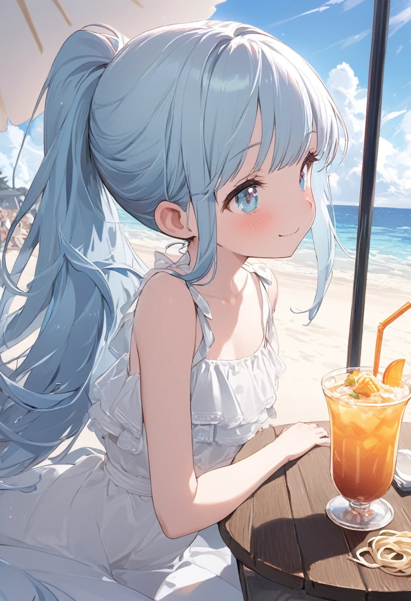 masterpiece, best quality, extremely detailed, (illustration, official art:1.1), 1 girl ,(((( light blue long hair)))), ,(((( light blue long hair)))),light blue hair, , long hair ((blush)) , cute face, big eyes, masterpiece, best quality,(((((a very delicate and beautiful girl))))),Amazing,beautiful detailed eyes,blunt bangs((((little delicate girl)))),tareme(true beautiful:1.2), sense of depth,dynamic angle,,,, affectionate smile, (true beautiful:1.2),,(tiny 1girl model:1.2),)(flat chest)、Seaside, blue eyes, ponytail, White dress, Cafe, Profile, Beach,Beach parasol, Relax, tropical juice, aquamarine hair, water drop、There is fried noodles on the table