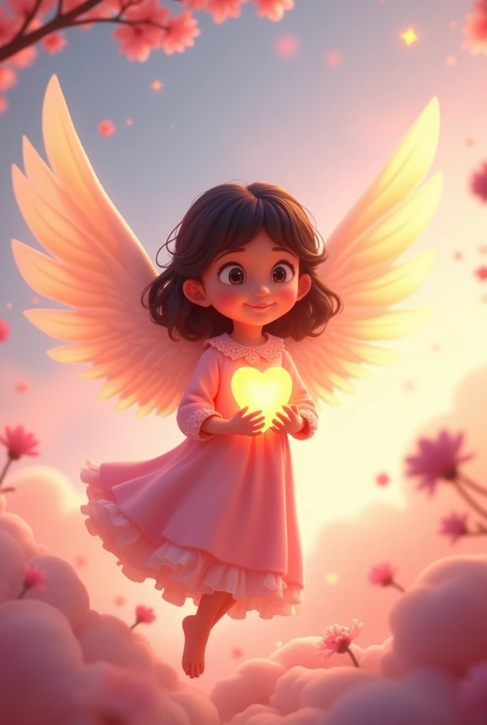 Animated cartoon
an angel with rose-colored clothes, dark hair and fair skin holding a heart 