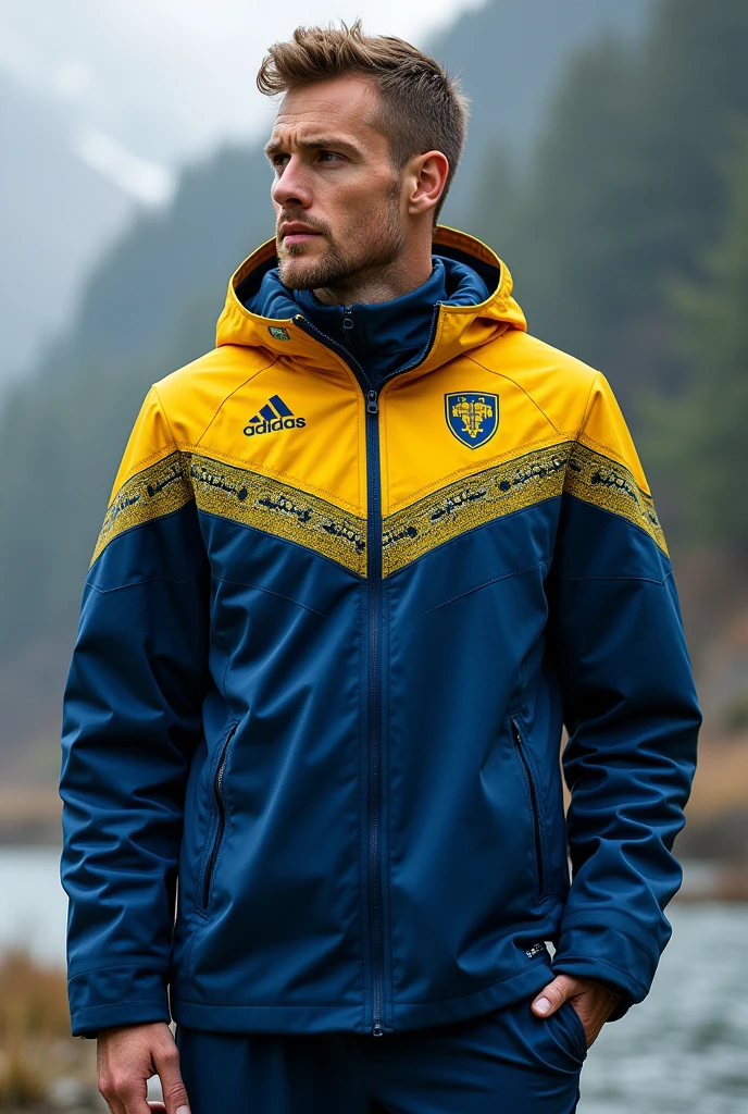 make a nordic themed sweden team jacket with blue and yellow details