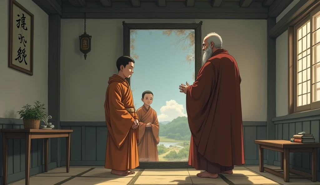 Young monk student looking at dirty mirror, old fat monk master with him, in a room, in anime style