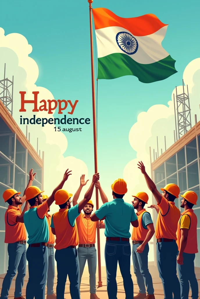 Construction labourers celebrating flag hosting ceremony vertical on the event of indian Independence Day 15 August illustrations face is not clear 

Happy independence and 15 August written  