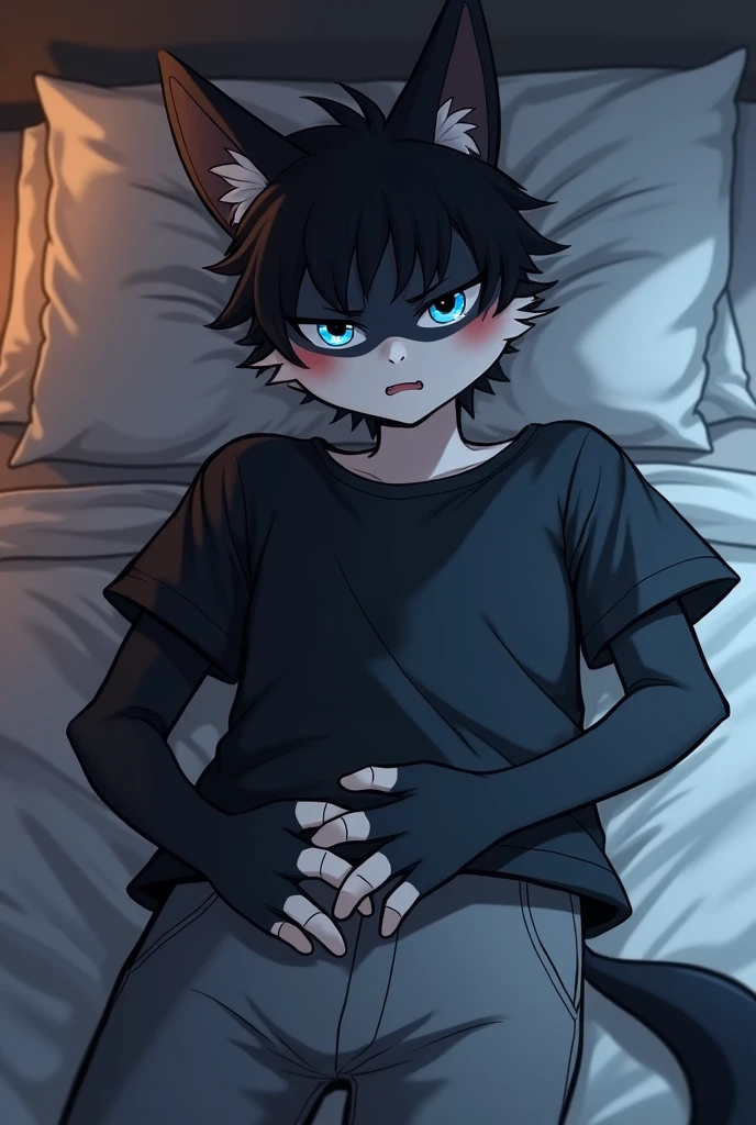 Fursona, Black and White Shark, Short, Slim, baggy black shirt and grey pants, black hair, Male, Paws, Laying in Bed, blue eyes, blushing, Anthro, Furry Art, Horny, holding crotch