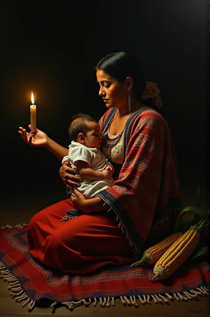 masterpiece, style photo by uman damle, clear obscure, realist, Black background, Caravaggio, Mexican Mayan indigenous woman with an embroidered huipil, sitting on a rebozo, breastfeeding their baby, and held a corn cob, illuminated by a candle, old painting style, Renaissance people, uman damle,