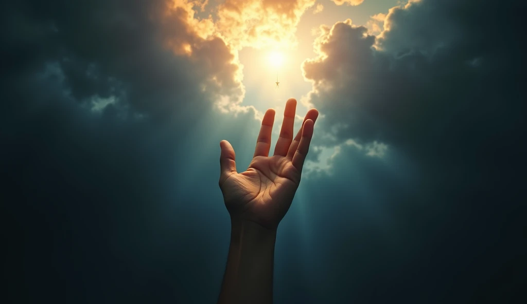 A hand reaching out to the sky, representing the search for divine connection.