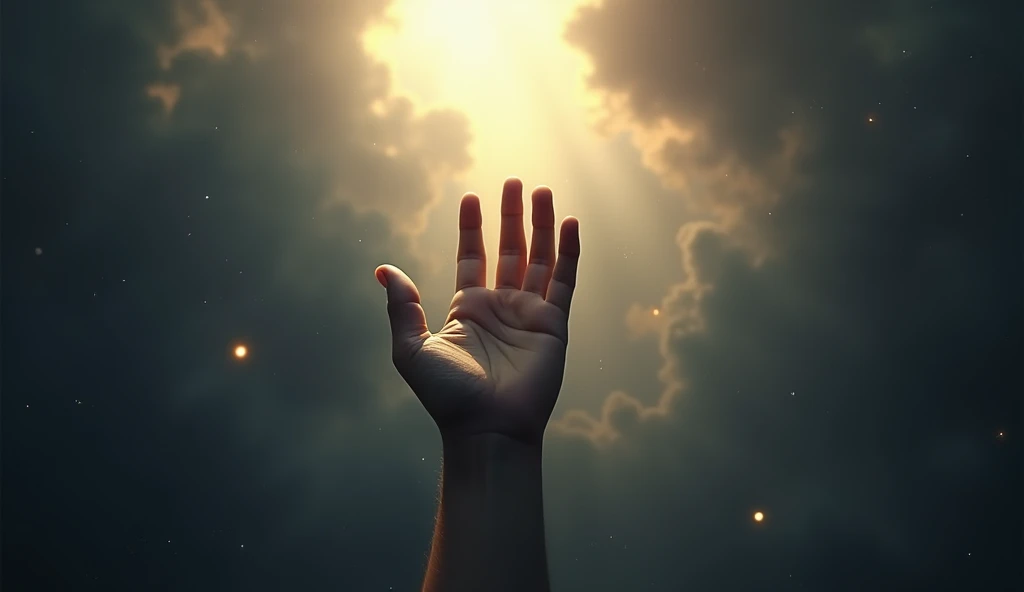 A hand reaching out to the sky, representing the search for divine connection.