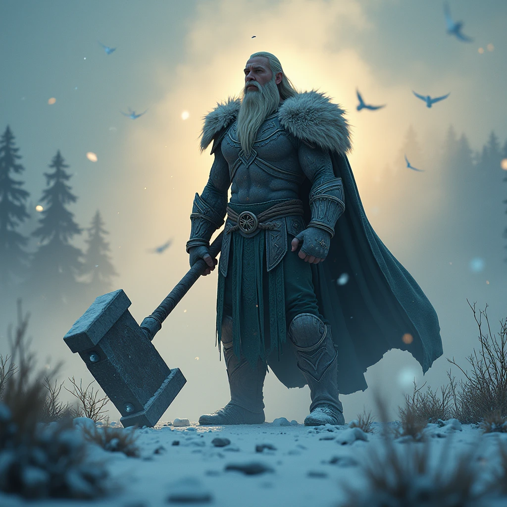 God Of War, Weapon, Portray (Giant hammer:1.2) in Nordic watercolor during twiight snowfall, capture the serene essence and ethereal beauty of the landscape, blending natural elements with a tranquil, dreamlike atmosphere. Beautiful cinematic lighting, surreal, RAW photo, color graded, dynamic movement, captivating chiaroscuro, (special effects:0.1), full body, award-winning, cinematic still, emotional, vignette, dynamic, vivid, (masterpiece, best quality, photorealistic, Professional, perfect composition, very aesthetic, absurdres, ultra-detailed, intricate details:1.3)