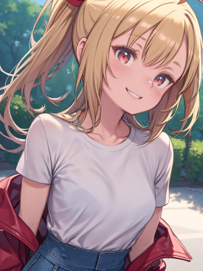 Girl、Blonde ponytail、Ahoge、Big round red eyes、Wicked Smile、Small breasts、White T-shirt、Red leather biker jacket、Blue Jeans Pants、Upper body close-up