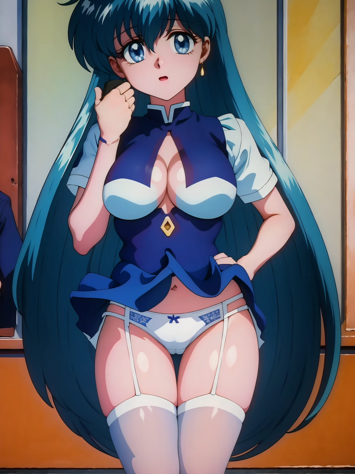 (masterpiece, Highest quality:1.2), Tiangong Gui, 1 girl, , Subtle blue hair color, mini skirt, (skirt lifted by self:1.2), white pantie