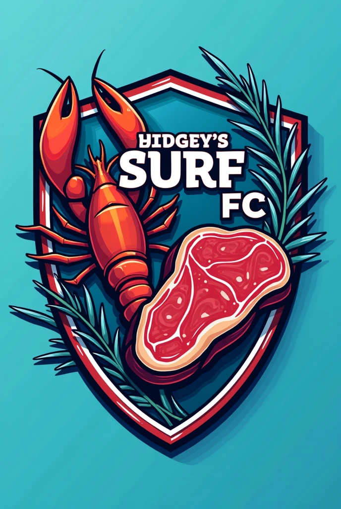 Football shield called Surf and turf fc with lobster symbols , Shrimp and rib eye