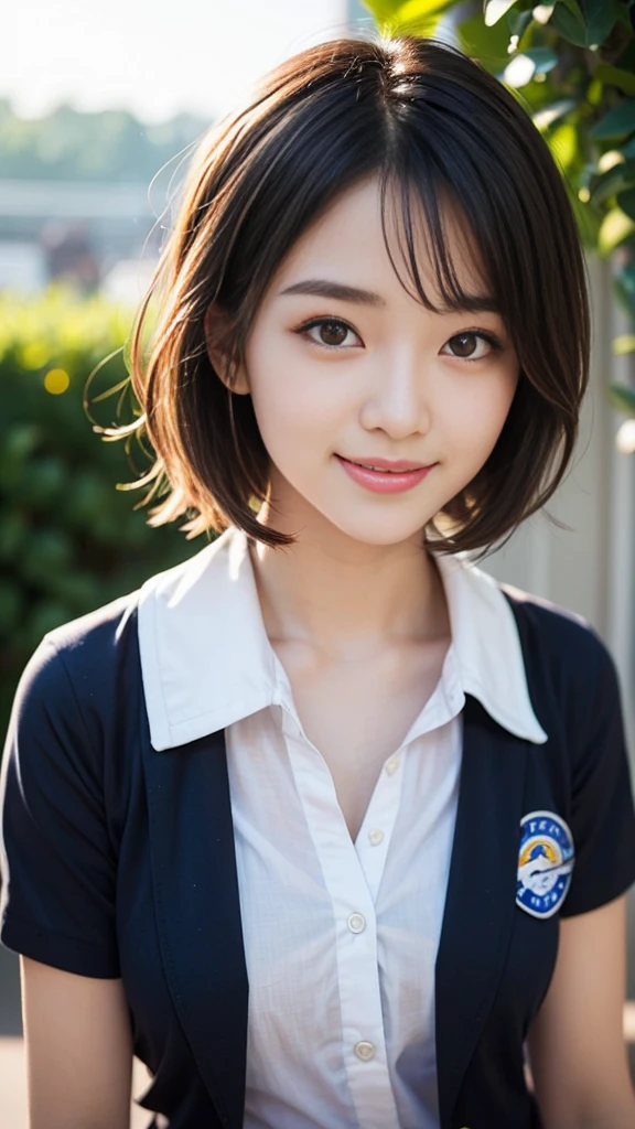 Pure young Japanese school girl, sexual attractive, wearing summer uniforms, no makeup, natural black short hairstyles, sweet smile, soft summer sunlight, feeling soft breeze in hair, professional pin-up portrait photography