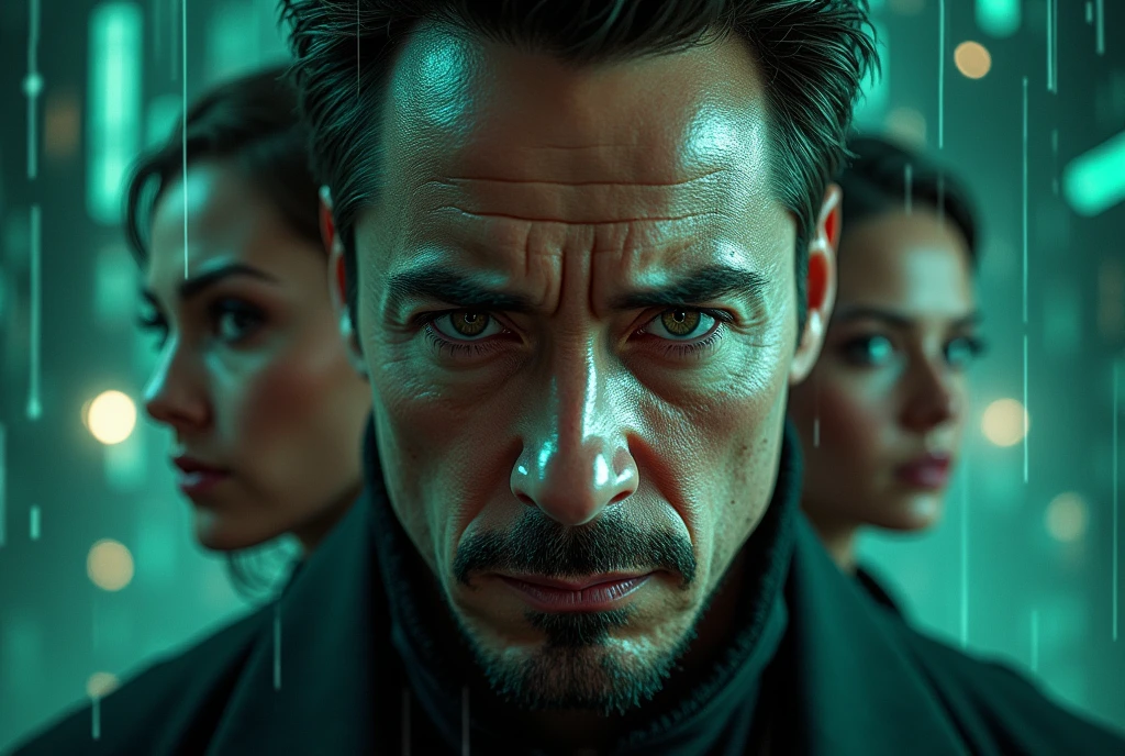 "Create a highly detailed, realistic composite image featuring the combined faces of Tony Stark (Robert Downey Jr.), Henry Cavill, Elon Musk, Ana de Armas, and Andrew Tate. Place them in a Matrix-style artificial world, with a futuristic cityscape background, digital rain code, and cyberpunk aesthetics. The overall atmosphere should be dark, mysterious, and slightly surreal, with neon lights reflecting off their faces."
