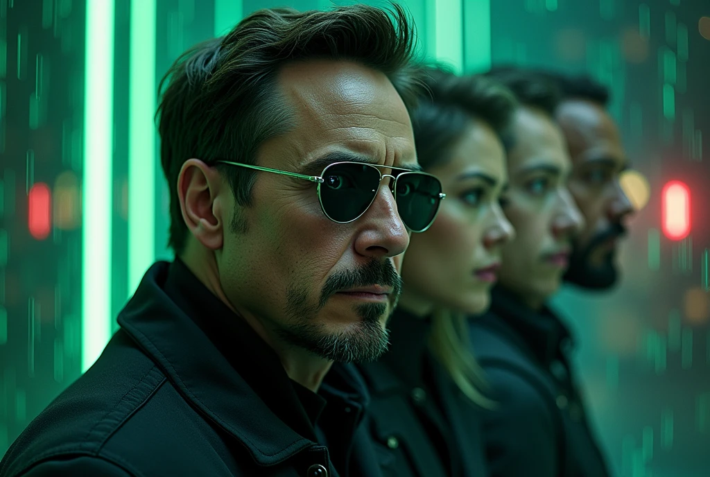 "Create a highly detailed, realistic composite image featuring the combined faces of Tony Stark (Robert Downey Jr.), Henry Cavill, Elon Musk, Ana de Armas, and Andrew Tate. Place them in a Matrix-style artificial world, with a futuristic cityscape background, digital rain code, and cyberpunk aesthetics. The overall atmosphere should be dark, mysterious, and slightly surreal, with neon lights reflecting off their faces."