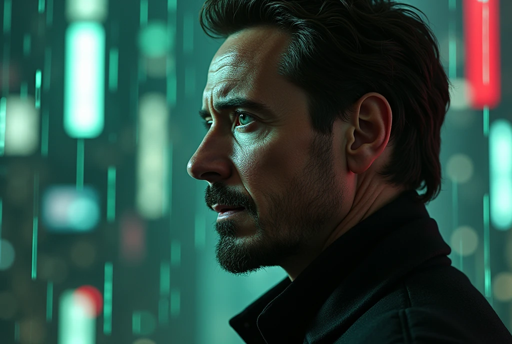 "Create a highly detailed, realistic composite image featuring the combined faces of Tony Stark (Robert Downey Jr.), Henry Cavill, Elon Musk, Ana de Armas, and Andrew Tate. Place them in a Matrix-style artificial world, with a futuristic cityscape background, digital rain code, and cyberpunk aesthetics. The overall atmosphere should be dark, mysterious, and slightly surreal, with neon lights reflecting off their faces."
