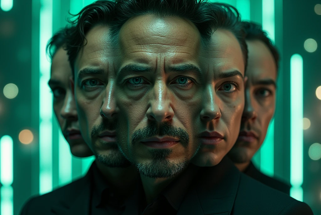 "Create a highly detailed, realistic composite image featuring the combined faces of Tony Stark (Robert Downey Jr.), Henry Cavill, Elon Musk, Ana de Armas, and Andrew Tate. Place them in a Matrix-style artificial world, with a futuristic cityscape background, digital rain code, and cyberpunk aesthetics. The overall atmosphere should be dark, mysterious, and slightly surreal, with neon lights reflecting off their faces."
