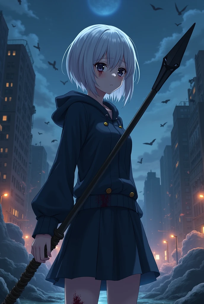 (anime, jujutsu kaisen:1.2), adult woman, loose clothing, wearing deep navy shirt, shirt has hood, deep navy shirt with golden button, a deep navy skirt, platinum hair, short hair, black eyes, relaxed pose, holding a spear, image shot from her side, detailed face, blood splattered across her clothes, crying, her tears are blood, monsters in background, broken city in background, cold colors, night sky.